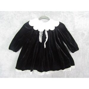 Sears Girls Black Velvet Dress Peter Pan Collar Lace Trim Size 6
